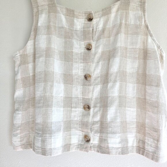 Madewell Gingham Linen Button Back Crop Top Undyed Natural Color Square Neckline - Picture 6 of 7